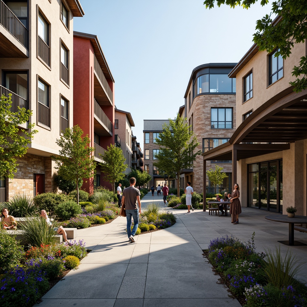 Prompt: Vibrant campus courtyard, fusion of modern and traditional architecture, eclectic mix of materials, rustic stone walls, sleek glass facades, curved metal roofs, lush greenery, blooming flowers, tranquil water features, meandering walkways, educational signage, outdoor seating areas, shaded pergolas, warm natural lighting, soft focus, 3/4 composition, shallow depth of field, realistic textures, ambient occlusion.