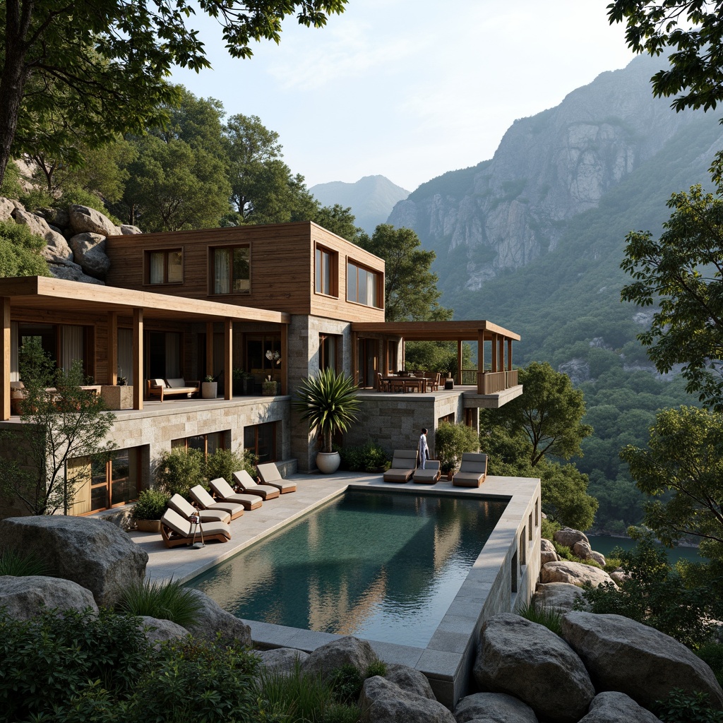 Prompt: Serene mountainous backdrop, lush green forests, meandering rivers, rustic stone walls, natural wood accents, earthy color palette, blending architecture, cantilevered structures, large windows, sliding glass doors, outdoor living spaces, infinity pools, water features, misting systems, warm ambient lighting, soft focus, 1/1 composition, atmospheric perspective, realistic rock textures, organic architectural forms.