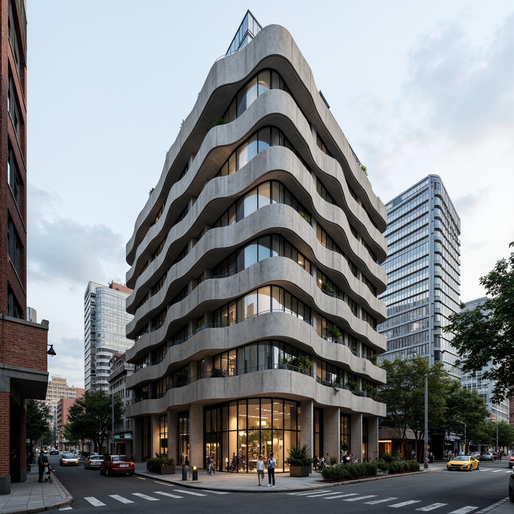 Prompt: Rugged brutalist office building, raw concrete facade, geometric patterns, industrial materials, bold cantilevered structures, dramatic shadows, urban cityscape, busy streets, modern skyscrapers, sleek glass windows, metallic accents, minimalist landscaping, sparse greenery, abstract sculptures, dynamic lighting effects, high-contrast textures, atmospheric perspective, 1/2 composition, cinematic mood, realistic rendering.