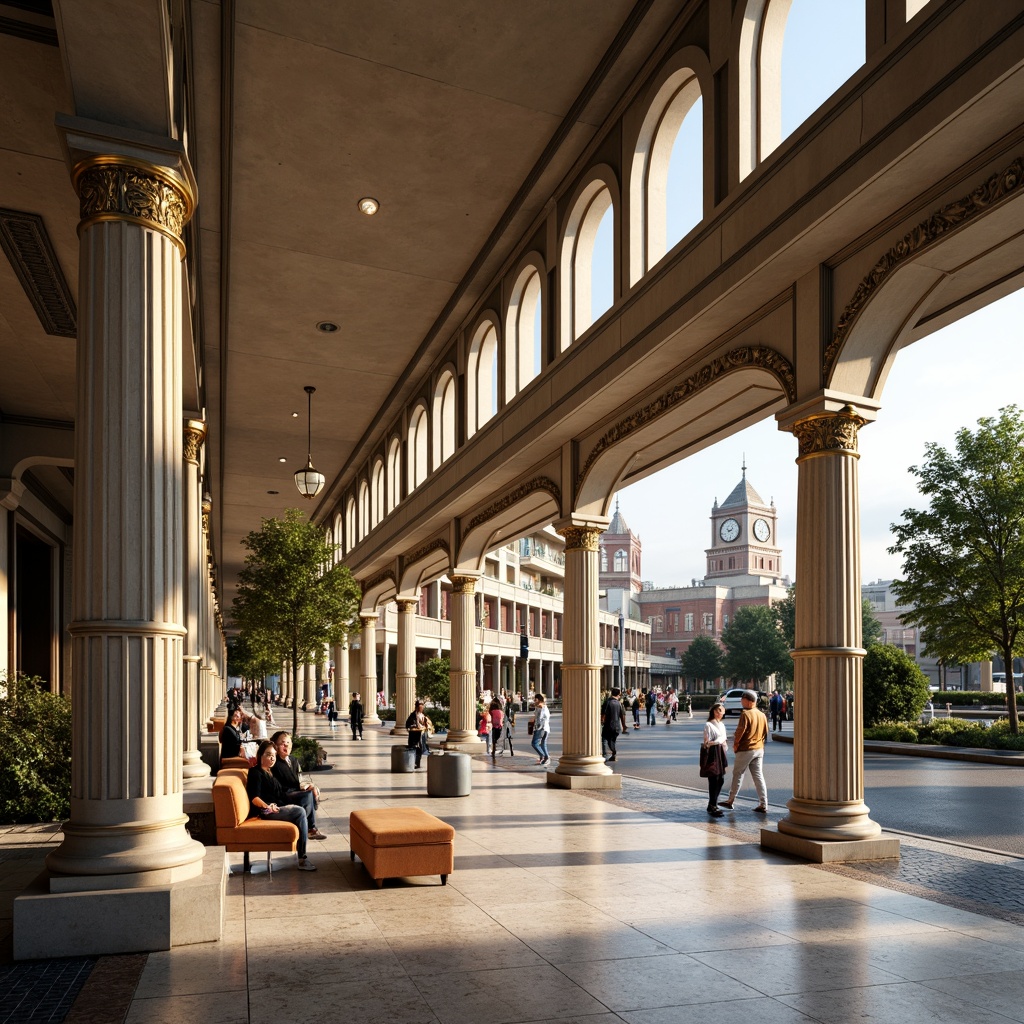 Prompt: Elegant bus station, grand columns, ornate capitals, symmetrical fa\u00e7ade, classical arches, intricate moldings, stately clock tower, vibrant urban landscape, morning sunlight, soft warm lighting, shallow depth of field, 3/4 composition, realistic textures, ambient occlusion, marble flooring, bronze metalwork, verdant greenery, pedestrian walkways, modern transportation hub, bustling city life.