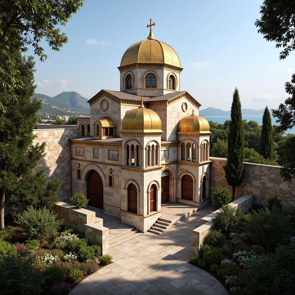 Prompt: Majestic Byzantine church, golden domes, intricate stone carvings, ornate mosaics, rustic stone walls, lush greenery, cypress trees, blooming flowers, serene courtyard, natural stone pathways, warm sunlight, soft shadows, 3/4 composition, symmetrical framing, realistic textures, ambient occlusion, Mediterranean landscape, rolling hills, turquoise sea views, distant mountain ranges, gentle breeze, warm afternoon light.