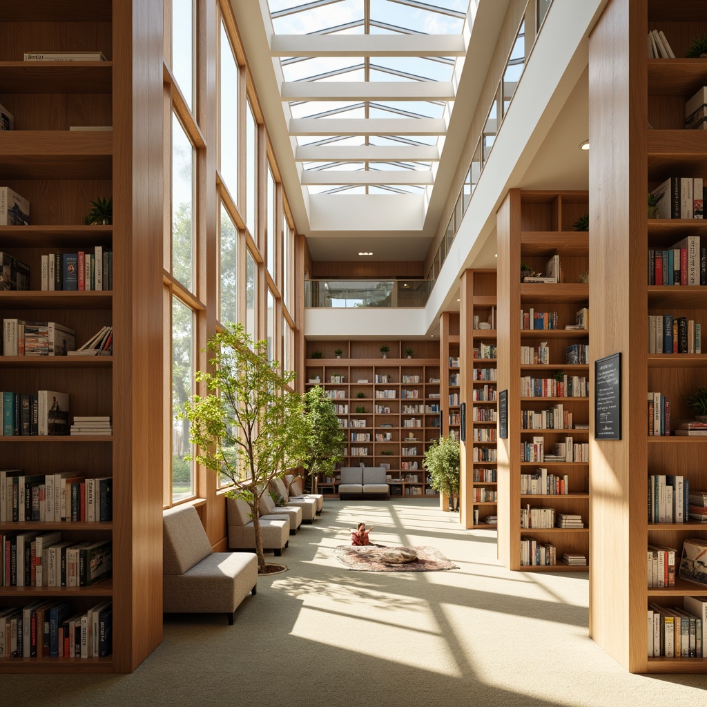 Prompt: Cozy library interior, warm natural lighting, floor-to-ceiling windows, wooden bookshelves, comfortable reading nooks, plush carpets, soft pastel colors, minimalist decor, modern architectural design, open spaces, high ceilings, clerestory windows, diffused sunlight, subtle shadows, 1/1 composition, realistic textures, ambient occlusion.