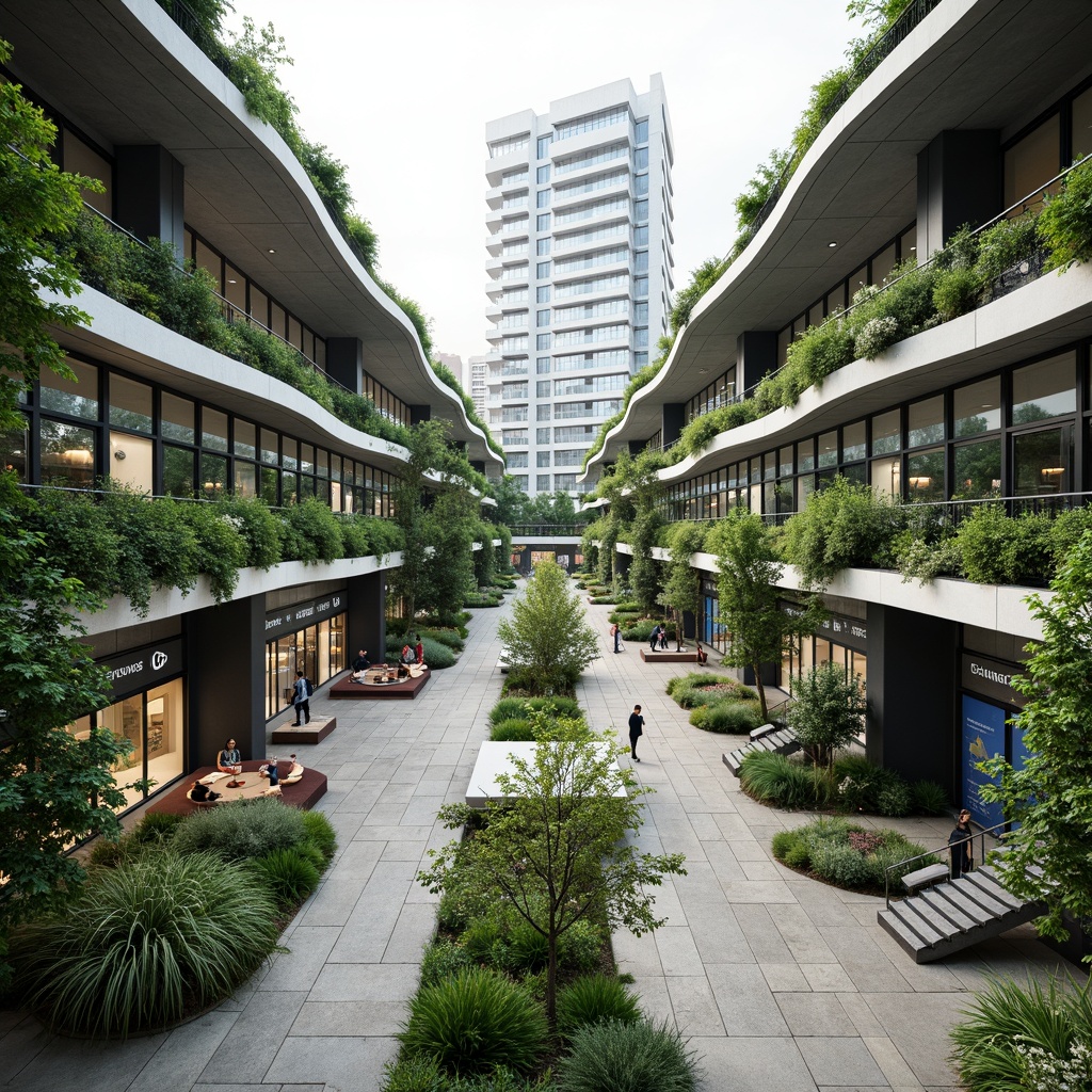 Prompt: Urban tram station, integrated landscape design, lush green roofs, verdant walls, natural stone floors, modern architecture, curved lines, glass facades, panoramic views, elevated platforms, staircases with greenery, urban furniture, public art installations, dynamic lighting systems, shallow depth of field, 3/4 composition, realistic textures, ambient occlusion.