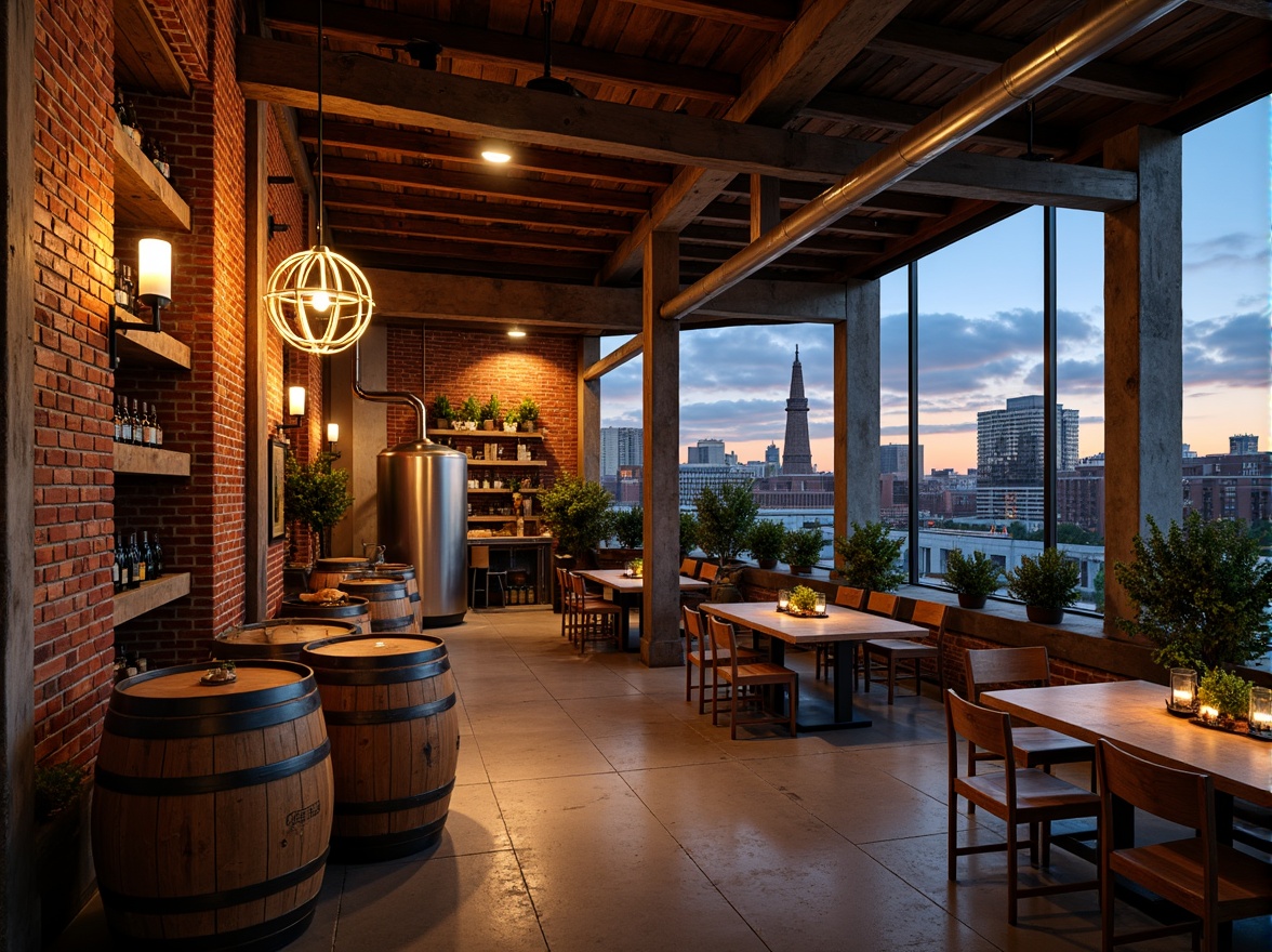 Prompt: Industrial chic winery, exposed brick walls, reclaimed wood accents, metal beams, urban loft atmosphere, warm earthy tones, rich berry hues, soft golden lighting, rustic wooden barrels, wine-making equipment, modern fermentation tanks, sleek stainless steel surfaces, natural stone floors, minimalist decor, industrial-style chandeliers, cozy intimate spaces, vibrant cityscape views, dramatic nighttime illumination, shallow depth of field, 1/2 composition, realistic textures, ambient occlusion.