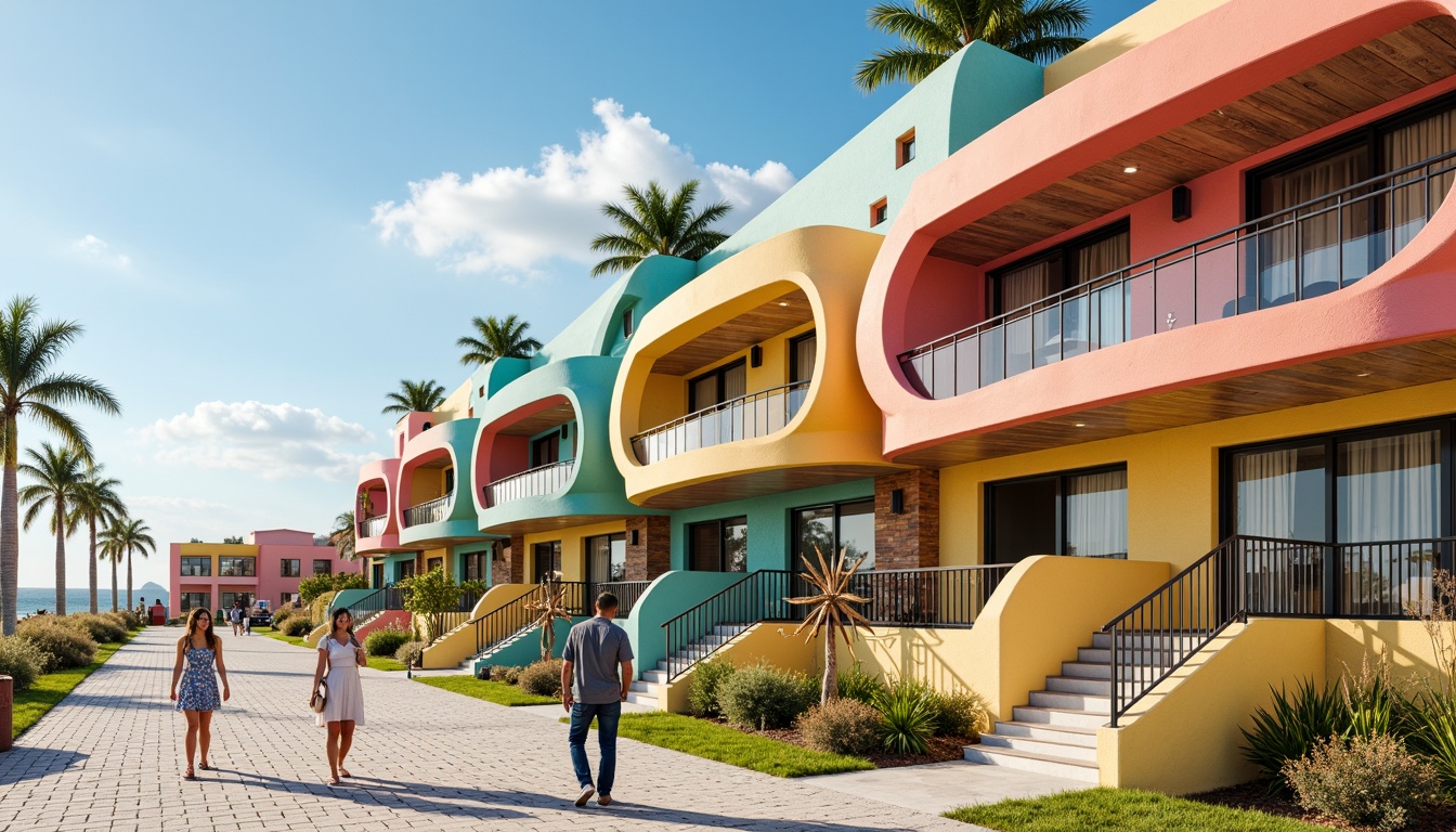 Prompt: Colorful beachside community, postmodern facade design, curved lines, playful shapes, vibrant pastel colors, stucco walls, wooden accents, nautical theme, sailboat-inspired details, seaside resort vibe, ocean views, salty air, sunny day, soft warm lighting, shallow depth of field, 1/1 composition, wide-angle lens, realistic textures, ambient occlusion, driftwood decorations, beachy keystone arches, ornate metal railings, eclectic mix of materials.