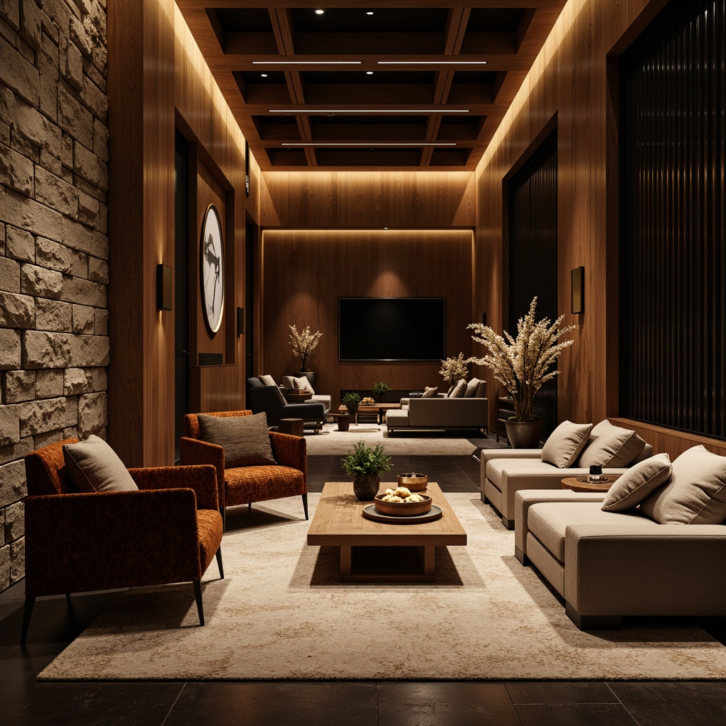 Prompt: Luxurious interior space, rich wood grain, high-gloss finishes, metallic accents, velvety soft fabrics, matte black surfaces, polished chrome details, textured stone walls, intricate patterns, ambient lighting, shallow depth of field, 1/1 composition, warm color palette, inviting atmosphere, modern minimalist aesthetic.