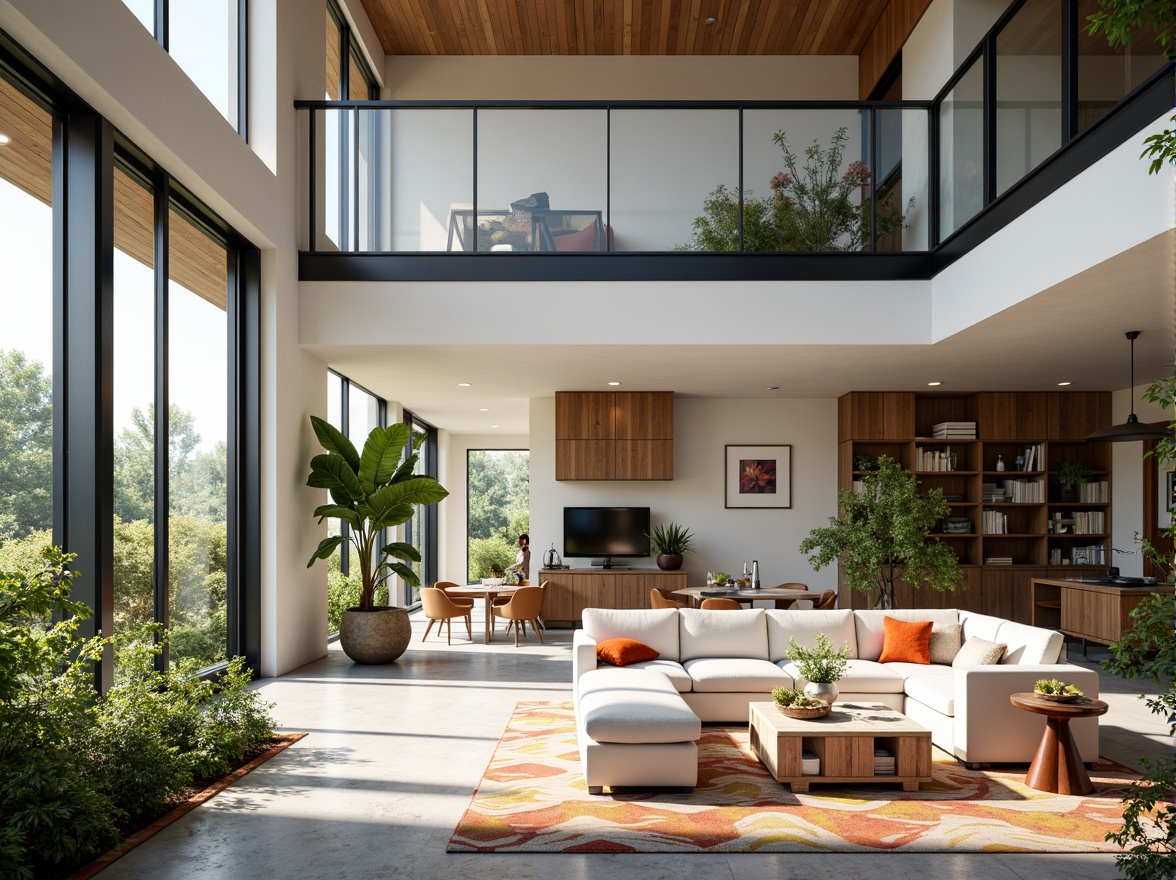 Prompt: Modern minimalist interior, spacious open-plan living area, floor-to-ceiling windows, sliding glass doors, natural light-filled rooms, airy atmosphere, flexible modular furniture, multi-functional spaces, sleek low-profile shelves, hidden storage compartments, polished concrete floors, industrial-chic metal beams, neutral color palette, abundant greenery, potted plants, vibrant colorful accents, geometric patterned rugs, soft warm lighting, shallow depth of field, 3/4 composition, realistic textures, ambient occlusion.