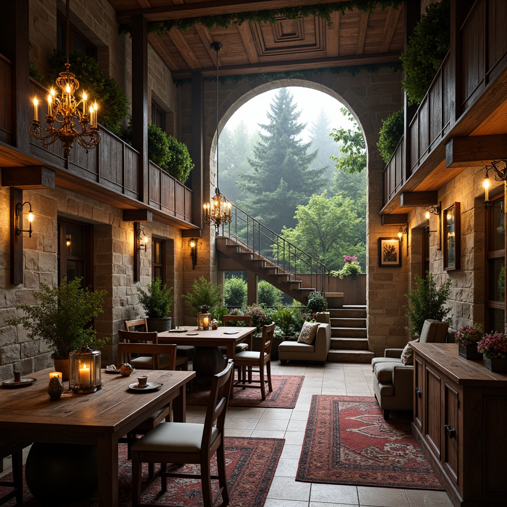 Prompt: Rustic wooden beams, natural stone walls, earthy toned facades, lush green roofs, flower-filled balconies, intricately carved wooden doors, ornate metal hinges, distressed wooden furniture, vintage decorative items, soft warm candlelight, misty morning atmosphere, foggy landscape, serene forest surroundings, winding vine-covered staircases, grandiose chandeliers, rich velvet drapes, ornate plaster ceilings, dramatic archways, cozy reading nooks, 1/1 composition, shallow depth of field, warm golden lighting, realistic textures.