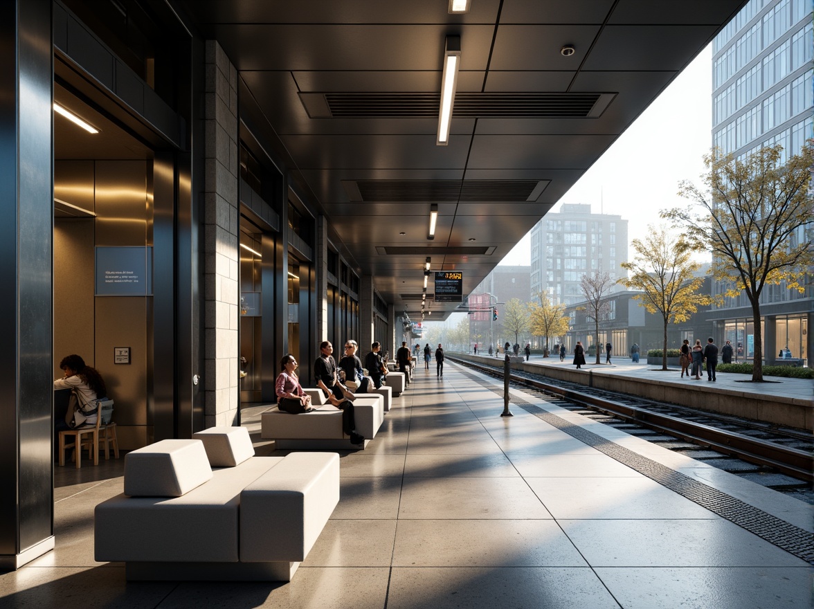 Prompt: Futuristic metro station, sleek glass fa\u00e7ade, metallic cladding, polished concrete floors, modern LED lighting, minimalist benches, stainless steel handrails, futuristic elevator systems, digital signage, urban cityscape, busy pedestrian traffic, morning rush hour, soft warm lighting, shallow depth of field, 1/1 composition, realistic textures, ambient occlusion.