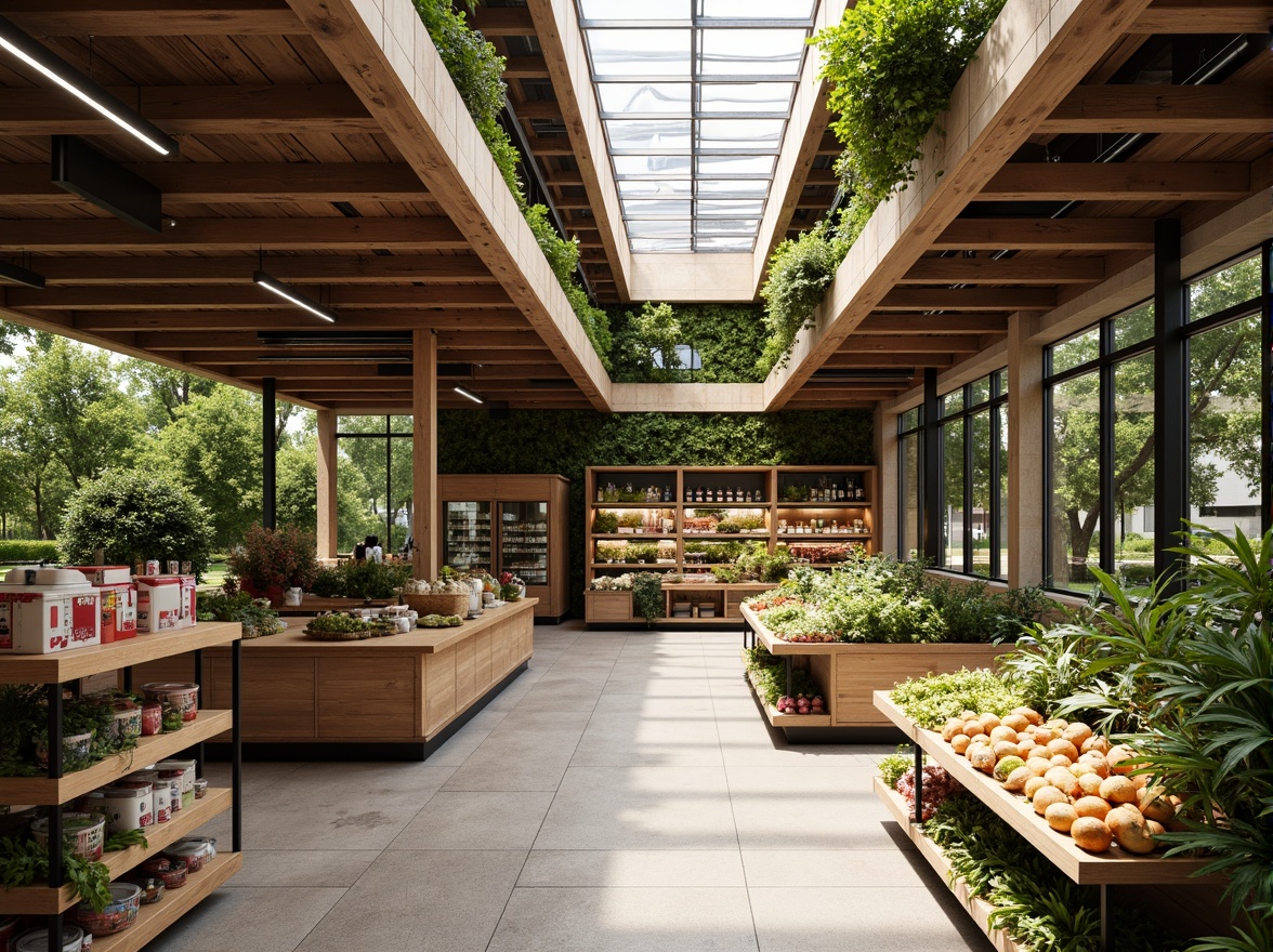 Prompt: Rustic grocery store facade, reclaimed wood accents, living green walls, vertical farming systems, solar panels, rainwater harvesting systems, natural stone flooring, exposed wooden beams, earthy color palette, modern minimalist shelving, energy-efficient lighting, skylights, clerestory windows, open ceiling design, recycled metal roofing, bamboo countertops, eco-friendly signage, educational displays, community engagement areas, abundant natural light, warm cozy ambiance, shallow depth of field, 1/1 composition, realistic textures, ambient occlusion.