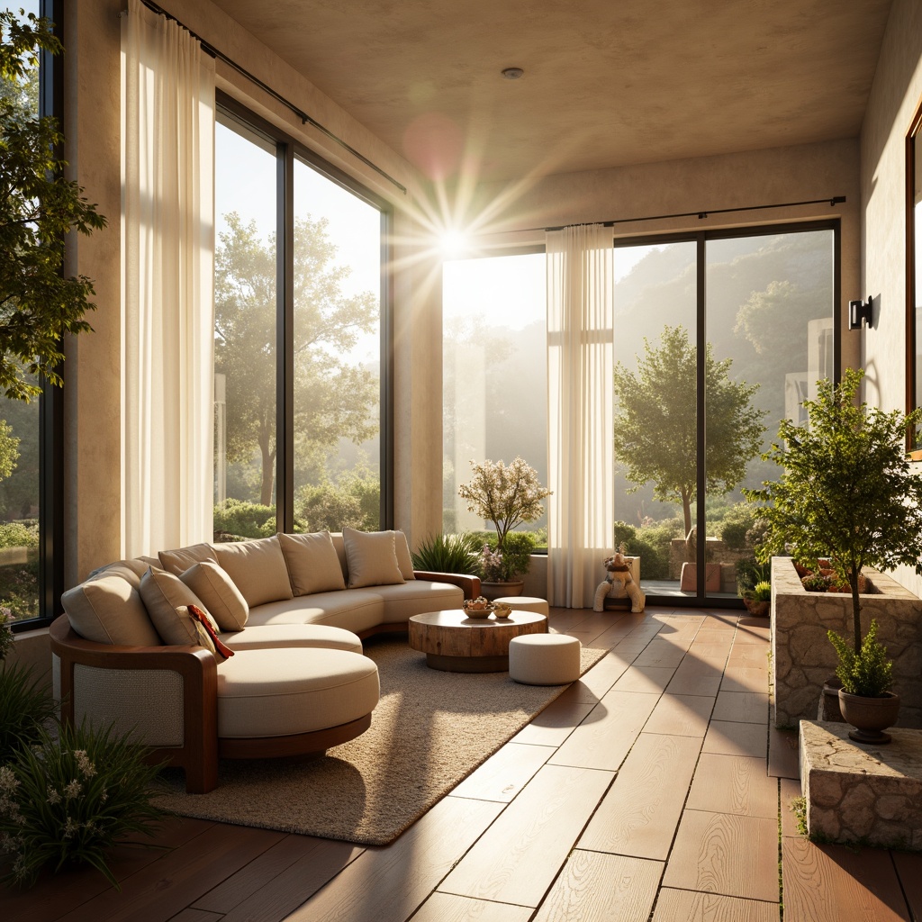 Prompt: Soft warm glow, gentle morning sunlight, bright afternoon rays, cozy evening ambiance, large windows, sliding glass doors, sheer white curtains, light beige walls, polished wooden floors, comfortable seating areas, lush greenery, blooming flowers, natural stone accents, earthy color palette, minimalist decor, subtle shadows, 1/1 composition, high-key lighting, soft focus, realistic textures.