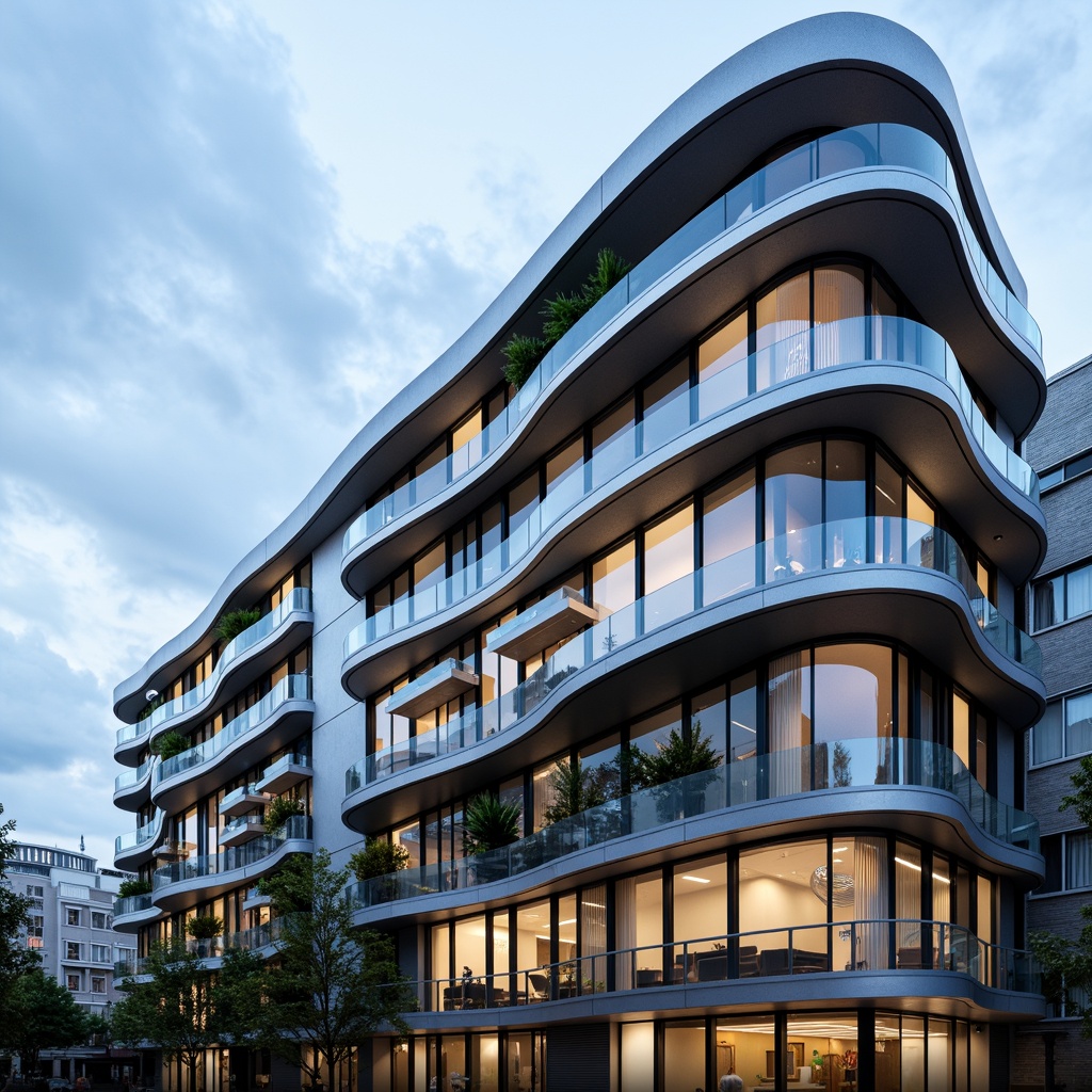 Prompt: Curved building facade, streamline moderne aesthetic, metallic materials, polished chrome accents, rounded corners, horizontal lines, minimal ornamentation, large glass windows, sliding doors, cantilevered balconies, urban cityscape, cloudy blue sky, soft warm lighting, shallow depth of field, 3/4 composition, panoramic view, realistic textures, ambient occlusion.