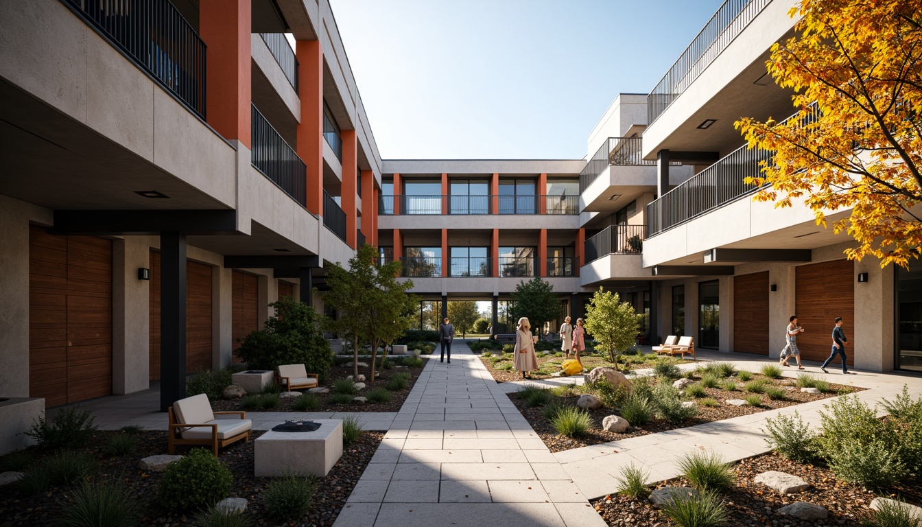 Prompt: Rustic campus scenery, brutalist architecture, raw concrete walls, bold black frames, geometric patterns, asymmetrical compositions, industrial metal accents, vibrant color blocking, abstract art installations, modernist sculptures, natural stone pathways, minimalist landscaping, dramatic uplighting, high-contrast shadows, 1/1 composition, wide-angle lens, realistic materials, ambient occlusion.