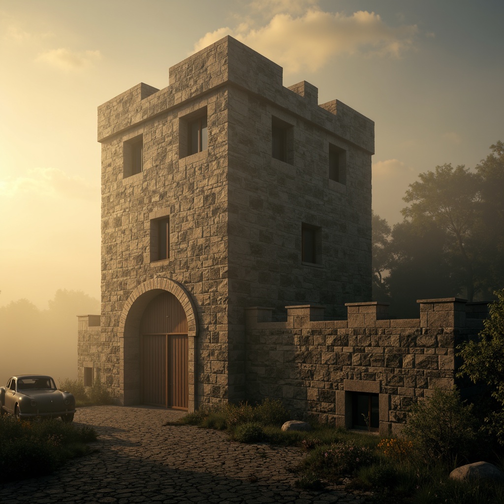 Prompt: Watchtower with rugged stone walls, narrow windows, fortified battlements, majestic height, ancient history, mystical aura, misty morning fog, golden sunrise, warm soft lighting, atmospheric perspective, 1/2 composition, dramatic shadows, rich textures, cinematic mood, mysterious ambiance, intricate stonework, Gothic-inspired arches, ornate carvings, weathered wooden doors.