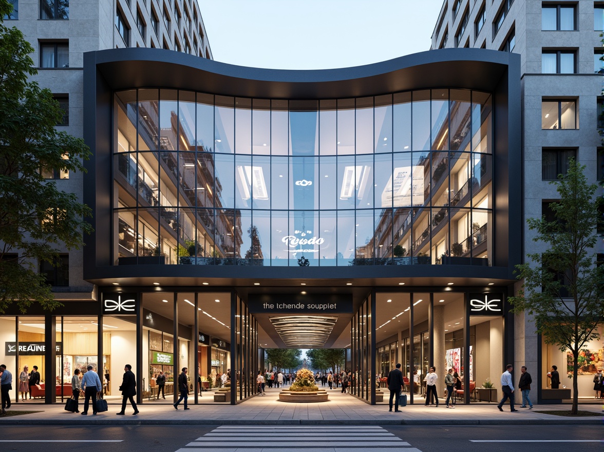 Prompt: Sleek shopping center facade, curved lines, metallic materials, glass curtain walls, minimalist entrance, cantilevered rooflines, LED lighting strips, modern signage, abstract geometric patterns, polished chrome accents, monochromatic color scheme, urban cityscape background, daytime setting, softbox lighting, shallow depth of field, 2/3 composition, symmetrical framing, realistic reflections, ambient occlusion.