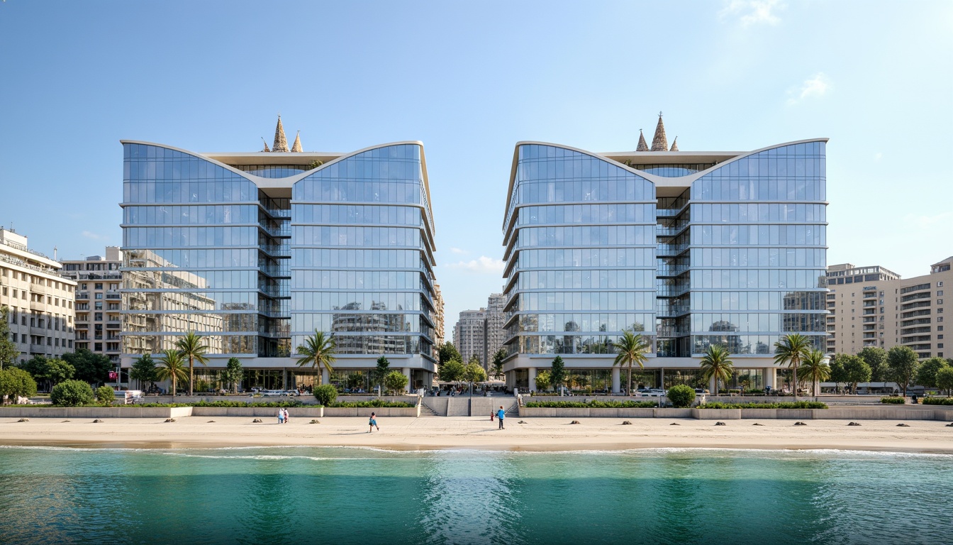 Prompt: Mirrored symmetrical buildings, coastal promenade, calm turquoise ocean, sandy beach, palm trees, modern minimalist architecture, curved lines, reflective glass facades, nautical-themed decorations, sailboat-inspired rooflines, ocean breeze, soft natural light, shallow depth of field, 1/1 composition, panoramic view, realistic textures, ambient occlusion.