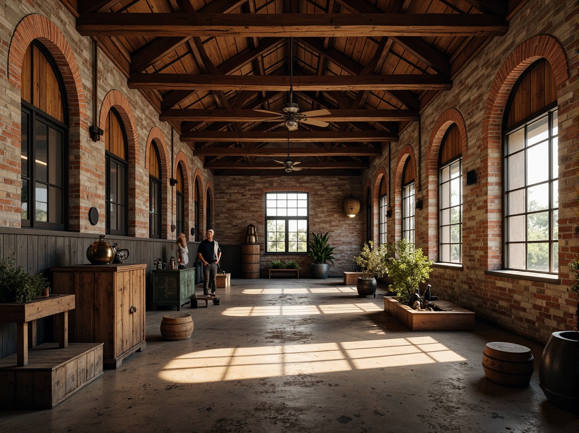 Prompt: Rustic factory, industrial heritage, Romanesque arches, brick fa\u00e7ades, stone walls, metal beams, exposed ductwork, reclaimed wood accents, vintage machinery, distressed finishes, earthy color palette, warm atmospheric lighting, soft shadows, 1/1 composition, symmetrical framing, high-contrast textures, ambient occlusion.