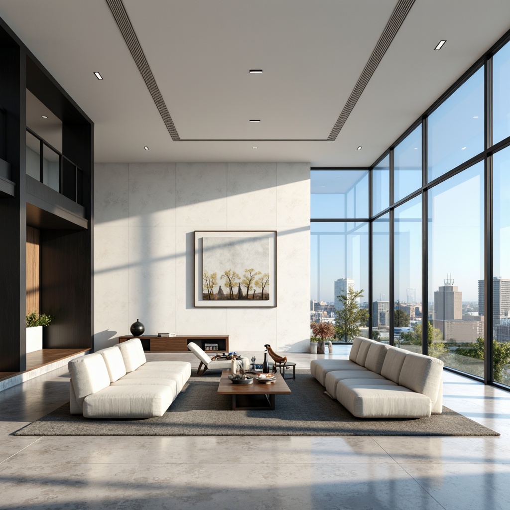 Prompt: Minimalist interior, open floor plan, sleek lines, monochromatic color scheme, polished marble floors, floor-to-ceiling windows, sliding glass doors, abundant natural light, functional furniture, low-profile sofas, geometric coffee tables, modern artwork, urban cityscape views, clear blue skies, sunny day, soft warm lighting, shallow depth of field, 3/4 composition, panoramic view, realistic textures, ambient occlusion.