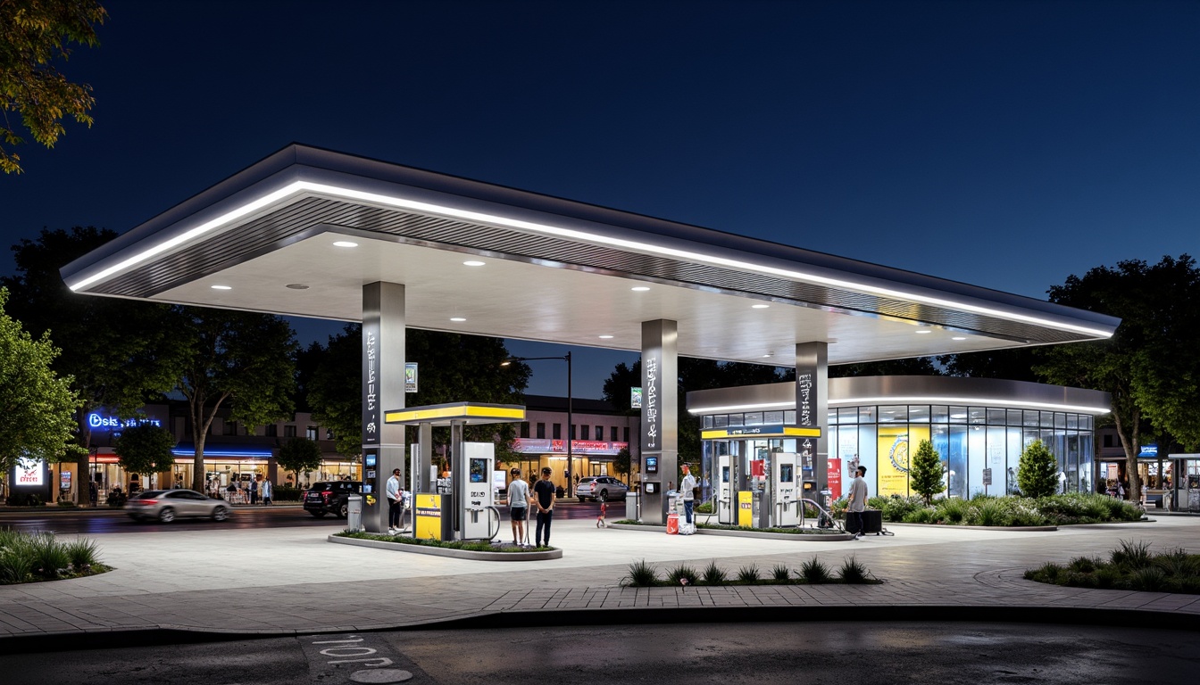 Prompt: Modern gas station, sleek metal canopy, transparent glass walls, LED lighting system, stainless steel fuel pumps, concrete pavement, asphalt roads, urban cityscape, busy streets, neon signage, bold color schemes, geometric patterns, industrial chic decor, functional layout, efficient traffic flow, safety features, energy-efficient systems, solar panels, green roofs, drought-resistant landscaping, succulent plants, urban furniture, streetlights, nighttime ambiance, shallow depth of field, 1/1 composition, realistic textures.