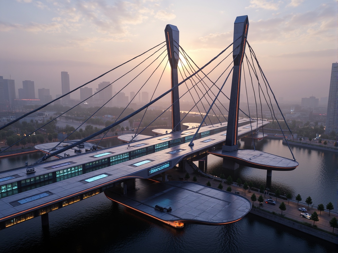 Prompt: Futuristic bridge design, sweeping curved lines, gleaming metallic surfaces, neon-lit accents, iridescent colors, dynamic shapes, cantilevered sections, suspension cables, futuristic materials, advanced engineering technologies, cityscape background, misty atmosphere, warm glowing lighting, shallow depth of field, 2/3 composition, dramatic perspective, realistic reflections, ambient occlusion.