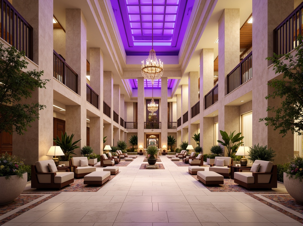 Prompt: Amethyst-hued public administration building, majestic columns, grand entrance, polished marble floors, lavish chandeliers, stately conference rooms, ornate wooden furnishings, regal purple accents, cream-colored walls, sleek metal railings, modern LED lighting, soft box-shaped architecture, tranquil courtyard, lush greenery, vibrant floral arrangements, warm beige stone exterior, subtle gradient effects, 1/1 composition, soft focus blur, realistic ambient occlusion.