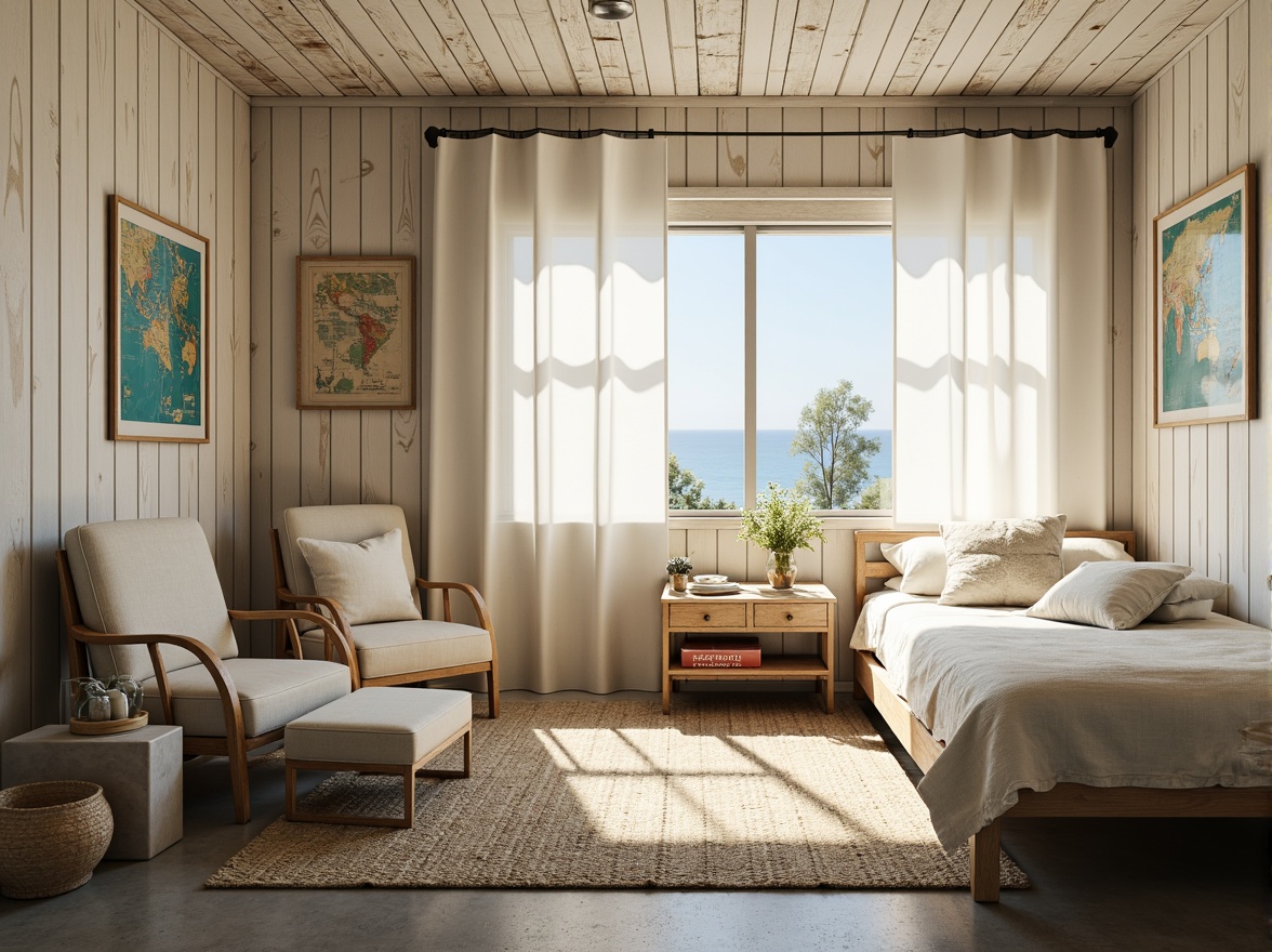 Prompt: Dreamy coastal dorm, soft pastel hues, weathered wood accents, distressed finishes, billowy white curtains, plush area rugs, vintage nautical decor, antique maps, ocean-inspired artwork, gentle sea breeze, warm golden lighting, shallow depth of field, 1/2 composition, intimate atmosphere, cozy reading nooks, natural linen fabrics, woven seagrass textures, subtle shell patterns, creamy whites, misty blues, sandy beiges, seafoam greens.