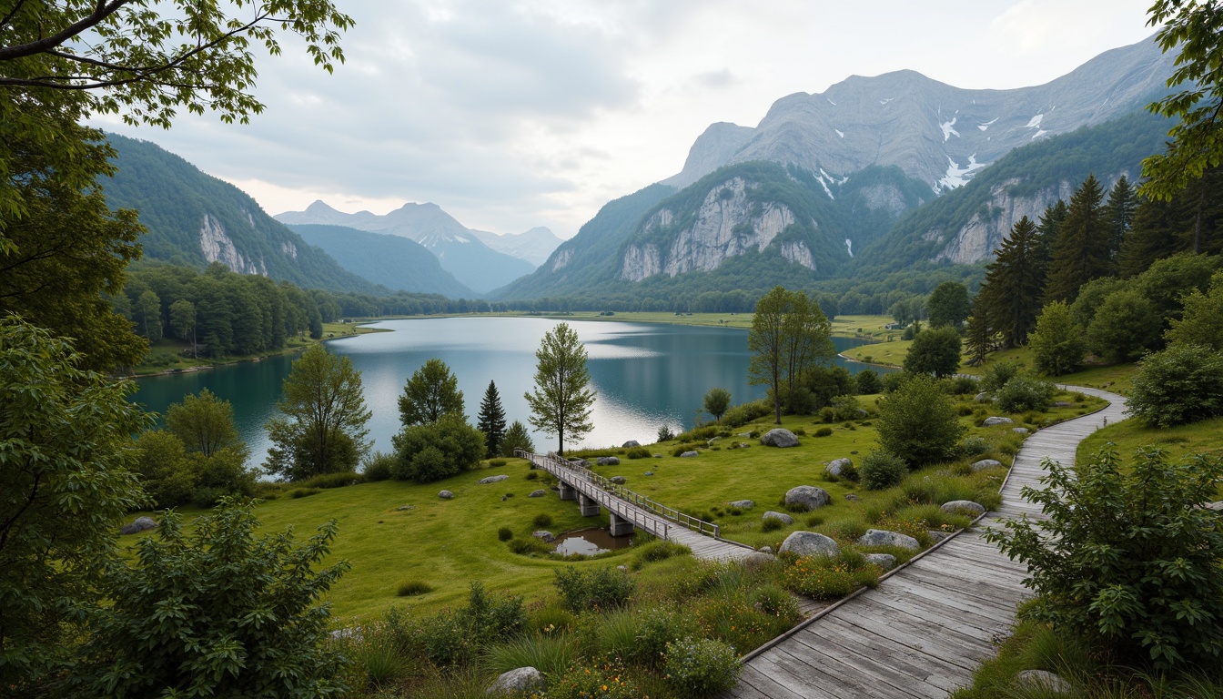 Prompt: Sweeping hills, rolling meadows, serene lakeside, lush green forests, majestic mountains, rustic wooden bridges, winding stone pathways, natural rock formations, weathered wood textures, earthy color palette, soft warm lighting, atmospheric fog effects, 3/4 composition, panoramic view, realistic terrain mapping, ambient occlusion.