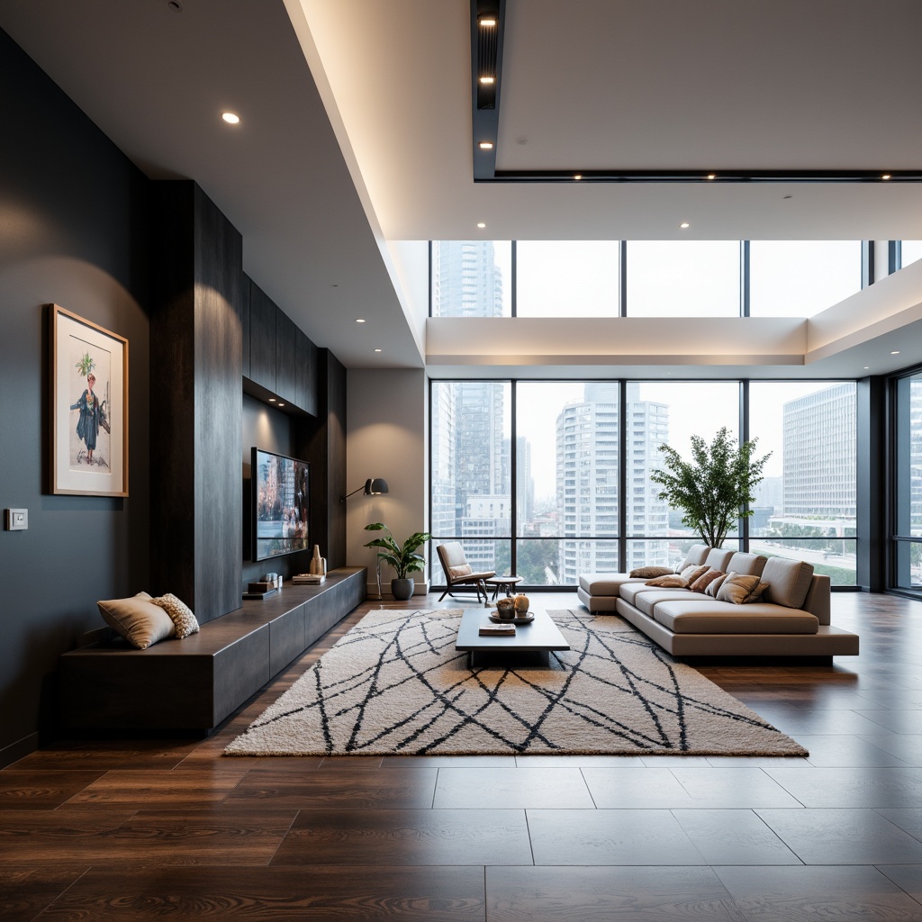 Prompt: Curved lines, minimal ornamentation, monochromatic color scheme, polished chrome accents, sleek wooden floors, low-profile furniture, built-in shelving units, floor-to-ceiling windows, sliding glass doors, urban cityscape views, soft diffused lighting, shallow depth of field, 1/1 composition, atmospheric perspective, realistic reflections, ambient occlusion, modernist art pieces, geometric patterned rugs, metallic ceiling fixtures, hidden LED light strips.