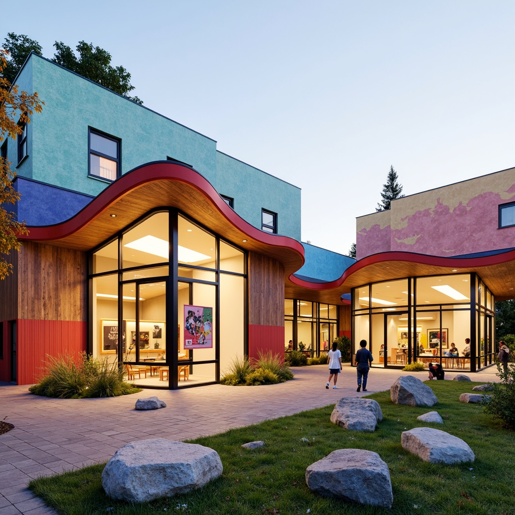 Prompt: Vibrant kindergarten building, curved rooflines, playful roof shapes, colorful roofing materials, textured exterior walls, natural wood accents, oversized windows, clerestory windows, soft warm lighting, whimsical outdoor spaces, interactive playground equipment, educational signage, eco-friendly roofing systems, solar panels, green roofs, living walls, rainwater harvesting systems, modern minimalist design, bold color schemes, dynamic geometric patterns, shallow depth of field, 3/4 composition, panoramic view, realistic textures, ambient occlusion.