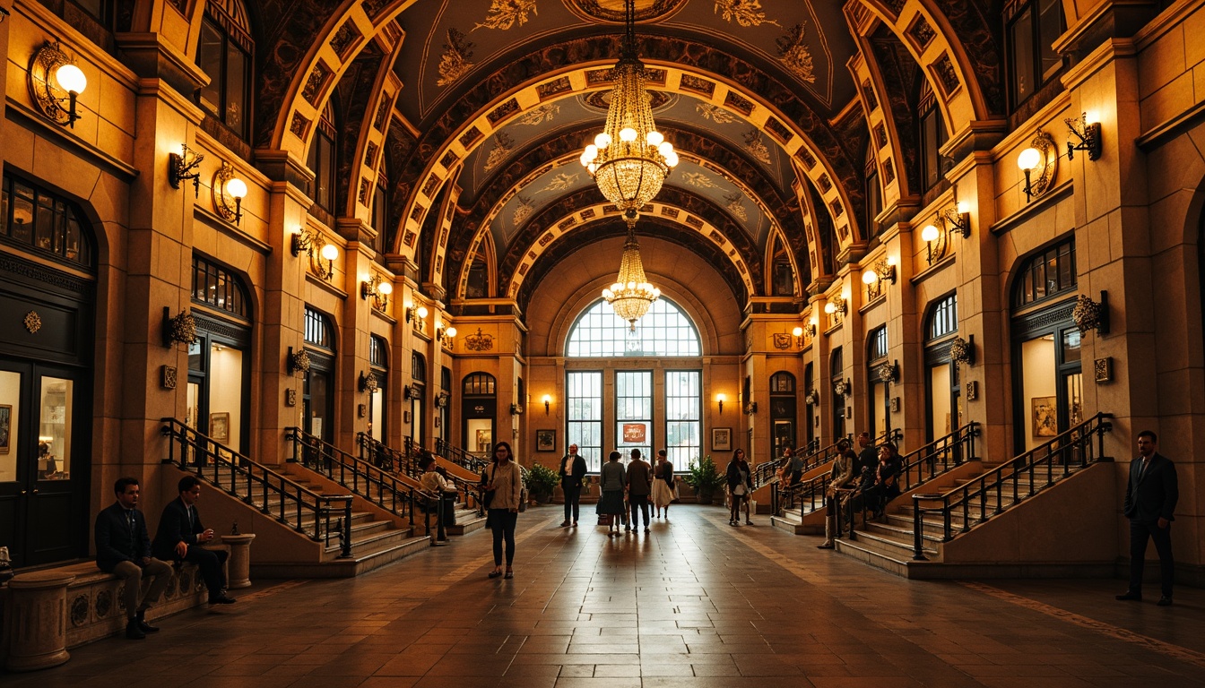 Prompt: Grandiose metro station, ornate Renaissance facades, intricate stone carvings, majestic archways, grand staircases, elegant balustrades, ornamental metalwork, vibrant mosaics, lavish chandeliers, high ceilings, sweeping curves, luxurious materials, warm golden lighting, dramatic shadows, 1/2 composition, low-angle shot, realistic reflections, ambient occlusion.