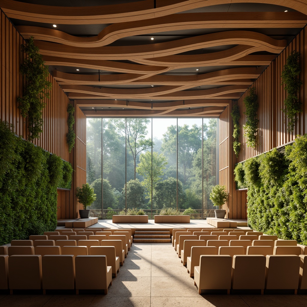 Prompt: Elegant auditorium interior, natural wood accents, living green walls, organic curves, wavy lines, botanical patterns, earthy tones, soft diffused lighting, warm beige seating, acoustic paneling, minimalist decor, floor-to-ceiling windows, panoramic views, lush forest surroundings, misty morning atmosphere, shallow depth of field, 1/2 composition, realistic textures, ambient occlusion.