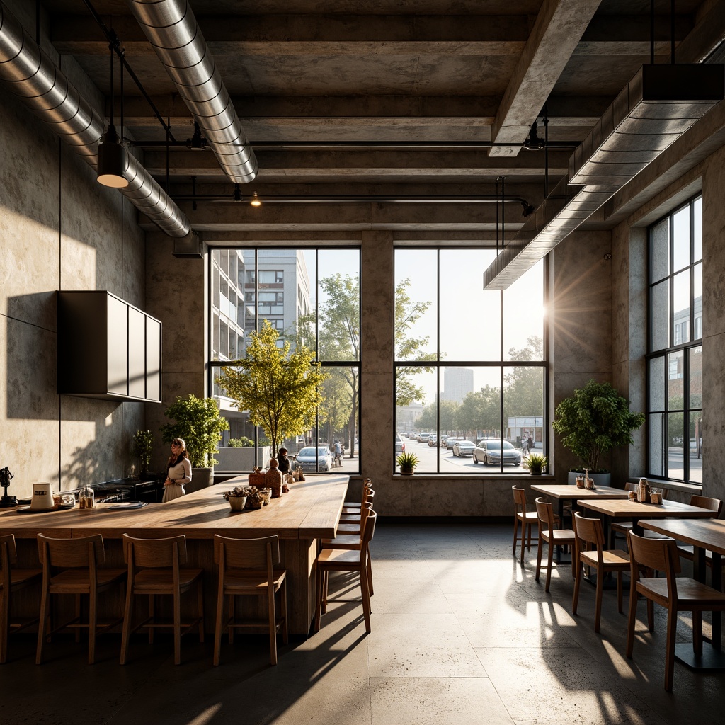 Prompt: Industrial brutalist coffee shop, concrete walls, exposed ductwork, polished metal fixtures, reclaimed wood accents, minimalist decor, large windows, natural lighting, urban views, busy streetscape, warm afternoon sunbeams, soft shadows, 1/1 composition, high contrast ratio, realistic textures, ambient occlusion.