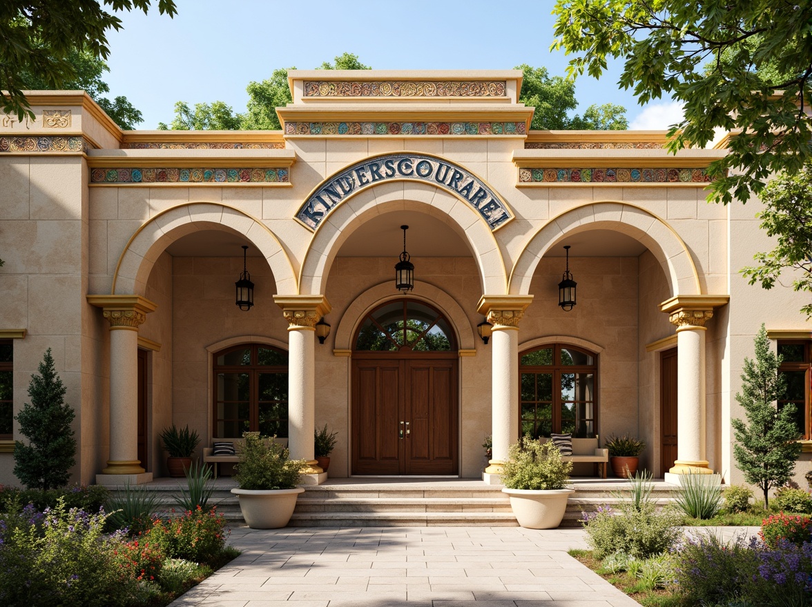 Prompt: Vibrant kindergarten facade, Byzantine-inspired arches, ornate columns, golden accents, colorful mosaic tiles, playful rounded windows, intricate stone carvings, warm beige stonework, rustic wooden doors, inviting entrance porch, lush greenery, blooming flowers, sunny day, soft warm lighting, shallow depth of field, 3/4 composition, panoramic view, realistic textures, ambient occlusion.