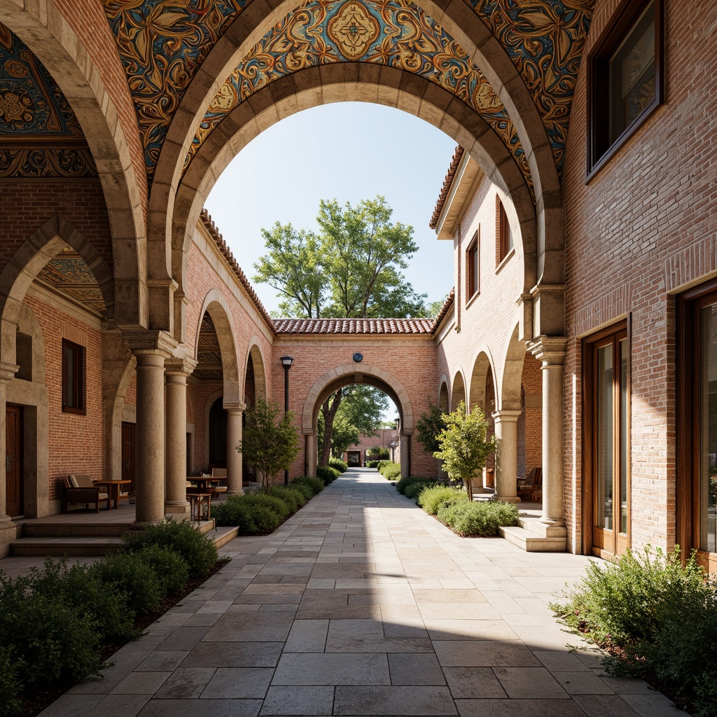 Prompt: Intricate stone carvings, ornate arches, grand entranceways, rustic brick facades, vibrant mosaic patterns, golden accents, ornamental columns, rounded towers, cloistered walkways, lush greenery, natural stone walls, warm sunny day, soft warm lighting, shallow depth of field, 3/4 composition, panoramic view, realistic textures, ambient occlusion.