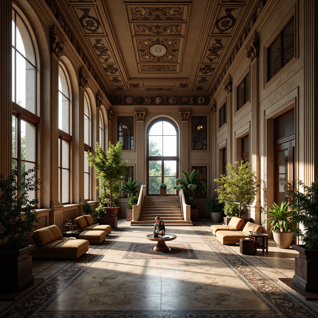 Prompt: Grand library interior, Renaissance style, ornate columns, Corinthian capitals, marble floors, intricate mosaics, high ceilings, natural stone walls, arched windows, grand staircase, lush greenery, soft warm lighting, shallow depth of field, 3/4 composition, realistic textures, ambient occlusion.