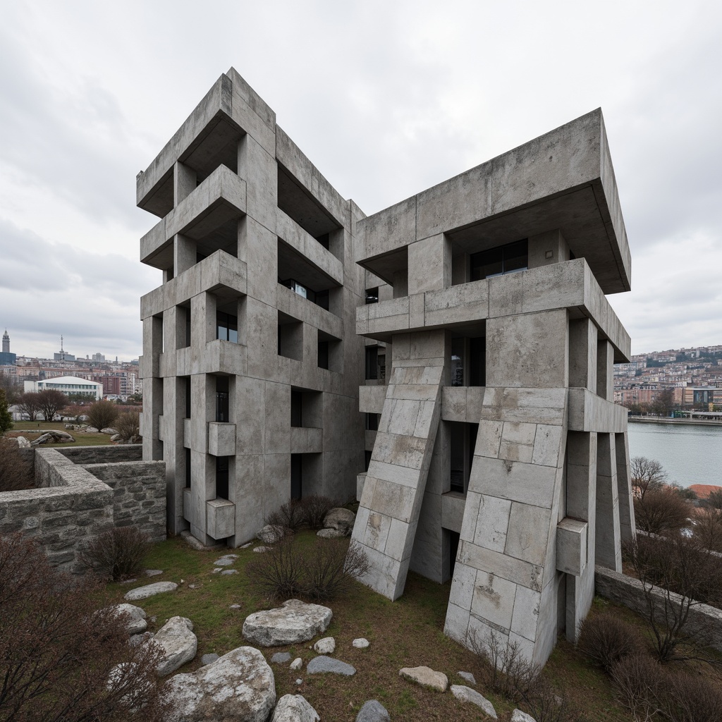 Prompt: Exposed concrete columns, rugged textured walls, monumental scale, fortress-like architecture, brutalist aesthetics, dramatic cantilevered roofs, irregular forms, angular lines, raw unfinished materials, industrial-style windows, minimal ornamentation, functionality emphasized, urban context, cityscape background, overcast skies, low-key natural light, 3/4 composition, medium shot, realistic textures, ambient occlusion.