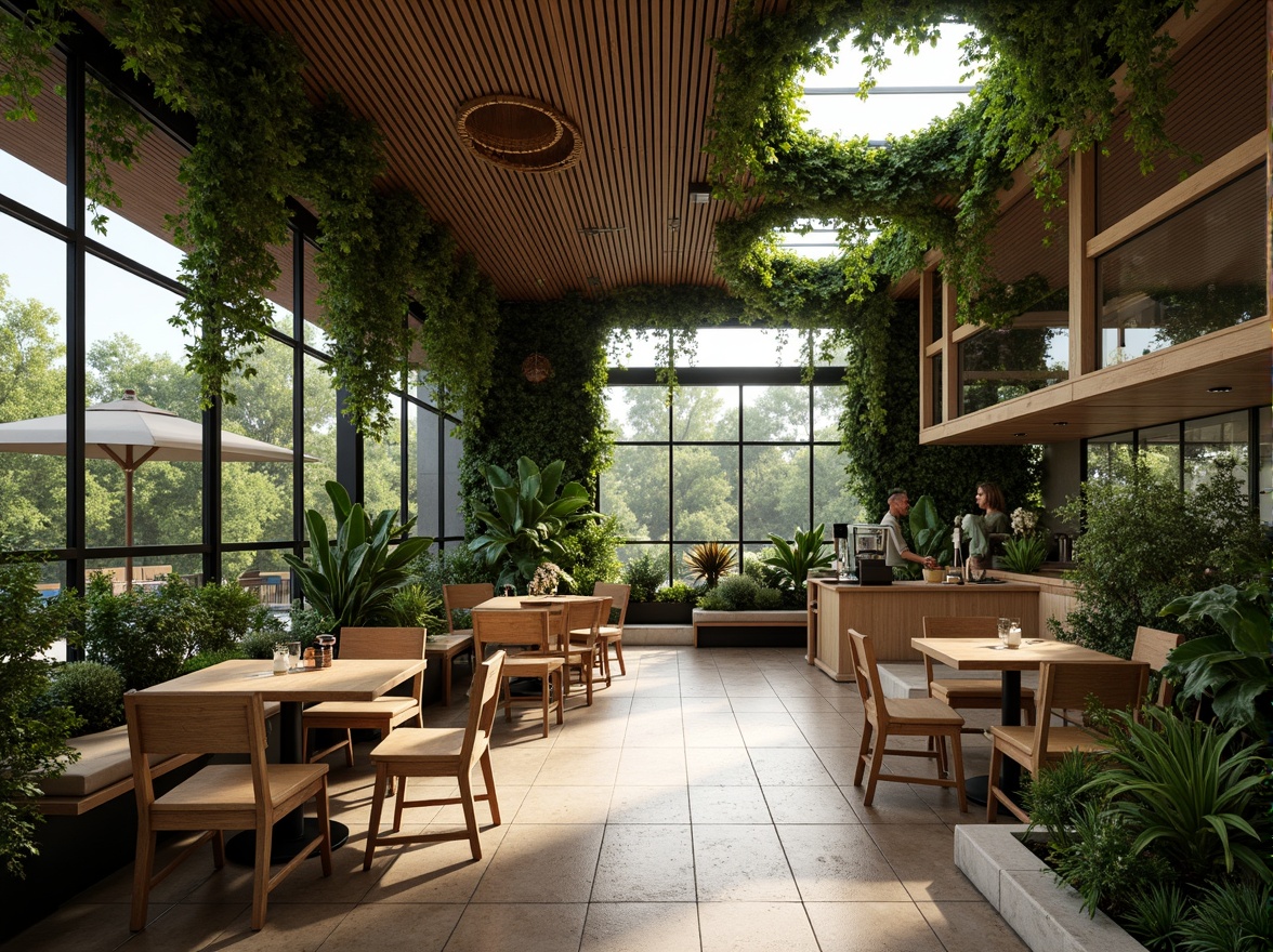 Prompt: Cozy coffee shop, lush green walls, living plants, natural stone flooring, reclaimed wood accents, floor-to-ceiling windows, seamless outdoor connection, blurred boundary, organic curves, modern minimalist decor, warm earthy tones, soft diffused lighting, shallow depth of field, 2/3 composition, panoramic view, realistic textures, ambient occlusion.