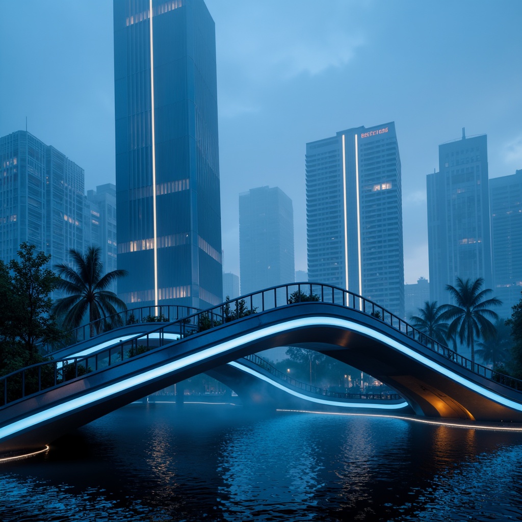 Prompt: Futuristic bridge, sleek metal arches, LED light strips, neon blue glow, misty evening atmosphere, cityscape background, modern urban landscape, abstract geometric patterns, reflective steel surfaces, angular lines, minimalist design, innovative lighting systems, programmable color schemes, dynamic beam movements, spotlights on water, rippling wave effects, shallow depth of field, 3/4 composition, panoramic view, realistic textures, ambient occlusion.