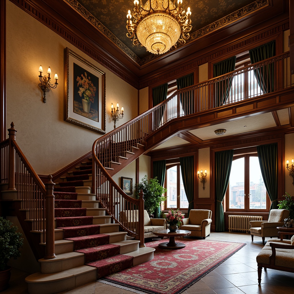 Prompt: Opulent mansion, grand staircase, intricately carved wooden banisters, ornate chandeliers, lavish furnishings, velvet drapes, golden accents, marble floors, intricate moldings, decorative ceilings, patterned rugs, lavish textiles, richly colored walls, soft warm lighting, shallow depth of field, 1/1 composition, realistic textures, ambient occlusion.