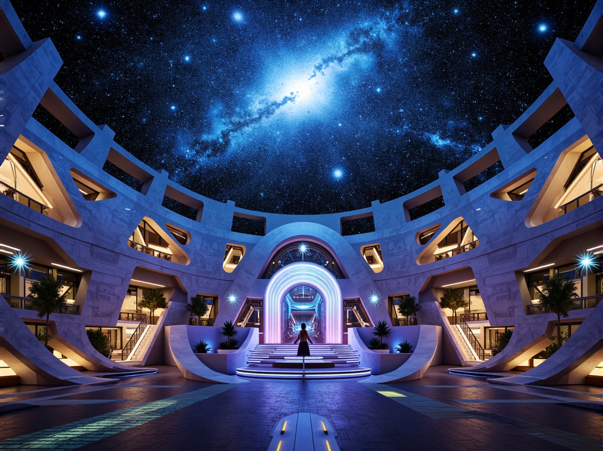 Prompt: Cosmic planetarium, futuristic fusion architecture, gleaming metallic surfaces, vibrant LED lighting, immersive dome projections, starry night sky, nebula-inspired color scheme, iridescent glass fa\u00e7ade, spiral staircases, astronomical instruments, telescopes, celestial maps, holographic displays, ambient soundscapes, soft glow accents, 1/1 composition, high contrast ratio, dramatic spotlighting, cinematic atmosphere.