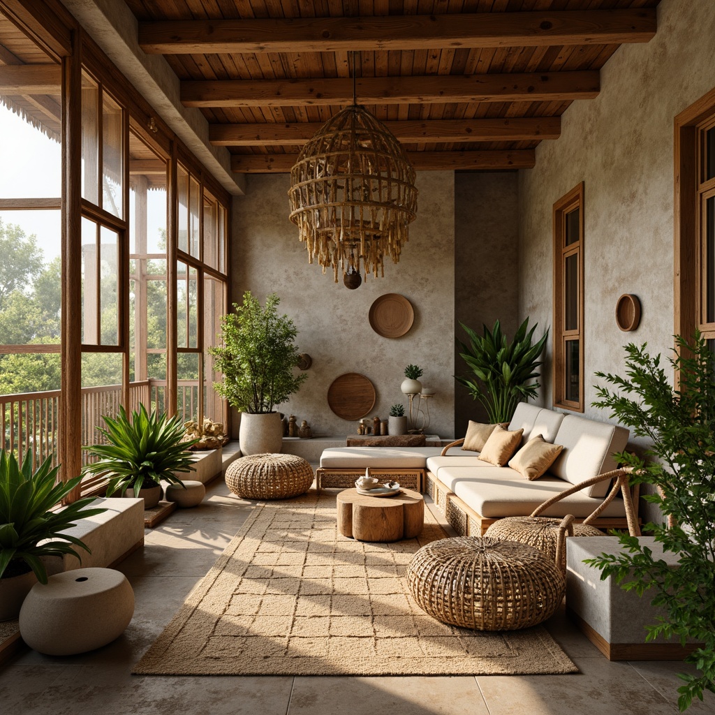 Prompt: Earthy tones, reclaimed wood accents, natural stone walls, bamboo flooring, woven rattan furniture, organic shapes, earthy color palette, lush greenery, potted plants, natural textiles, jute rugs, wicker decorations, eco-friendly materials, minimal ornamentation, soft warm lighting, shallow depth of field, 3/4 composition, realistic textures, ambient occlusion.