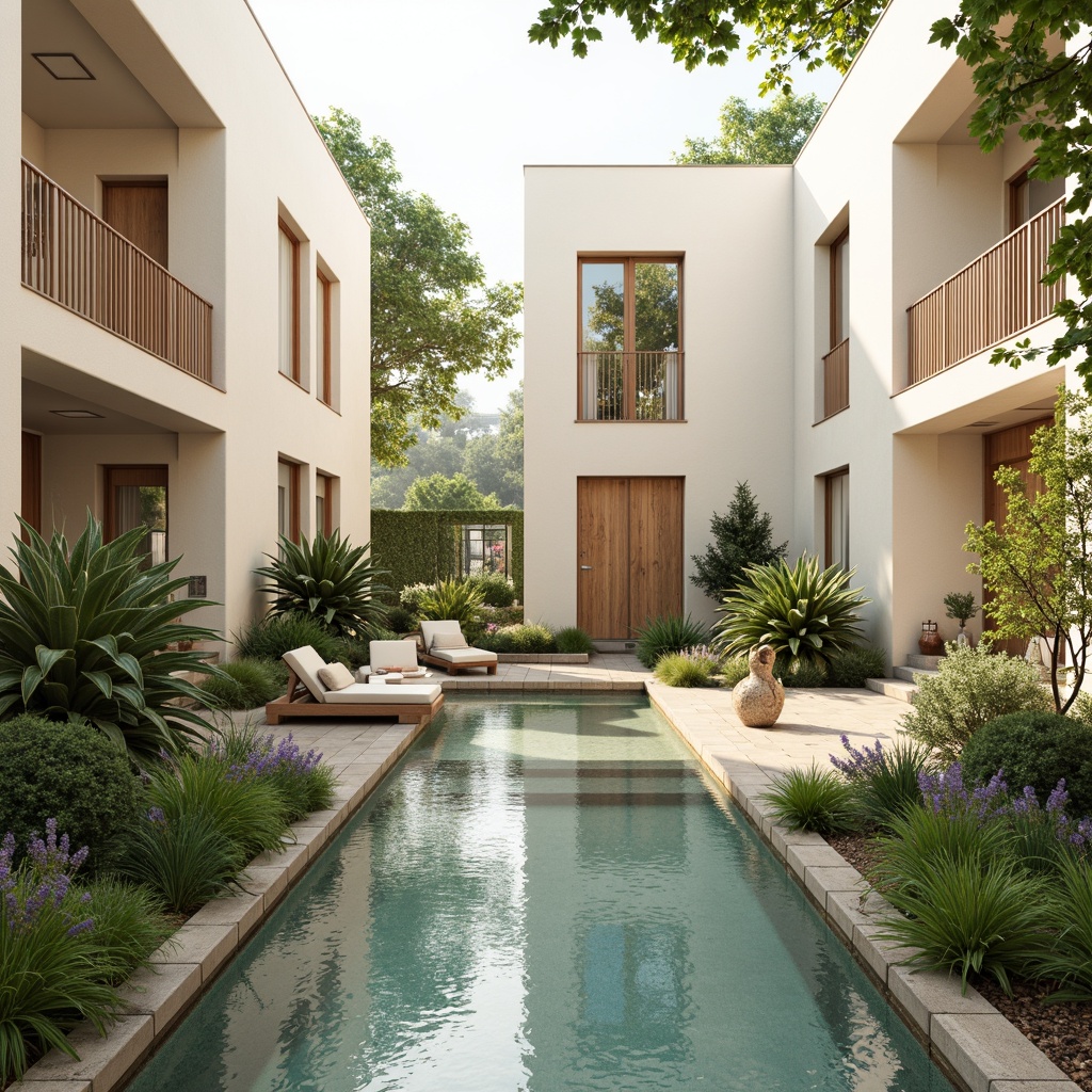 Prompt: Soothing architectural design, harmonious color palette, soft pastel hues, creamy whites, warm beige tones, rich wood accents, natural stone textures, calming water features, serene green spaces, lush vegetation, vibrant floral patterns, subtle metallic sheens, gentle gradations, 1/1 composition, symmetrical balance, ambient lighting, softbox shadows, realistic reflections.