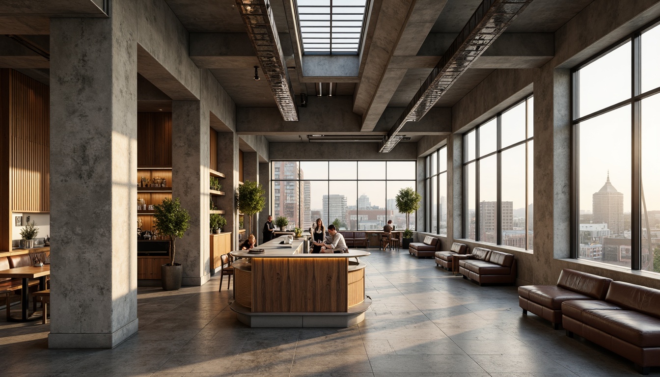 Prompt: Exposed concrete walls, industrial metal beams, reclaimed wood accents, minimalist decor, large windows, clerestory windows, skylights, natural stone floors, brutalist architecture, modern coffee shop interior, urban cityscape views, morning sunlight, warm ambient lighting, shallow depth of field, 1/1 composition, realistic textures, ambient occlusion.