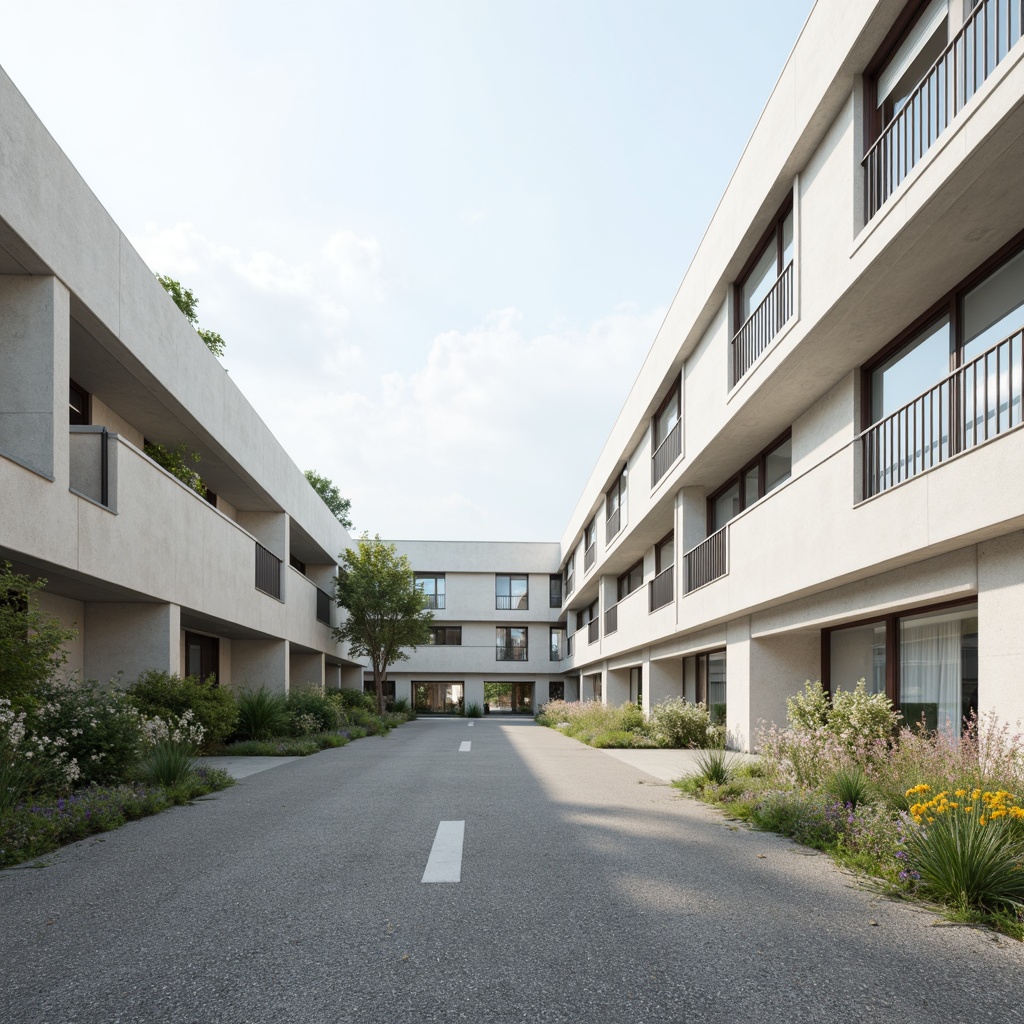 Prompt: Minimalist university facade, clean lines, simple shapes, monochromatic color scheme, concrete walls, large windows, steel frames, subtle textures, natural light, open spaces, modern architecture, educational signage, green roofs, minimalist landscaping, sparse vegetation, gravel pathways, calm atmosphere, soft shadows, shallow depth of field, 1/1 composition, realistic rendering.