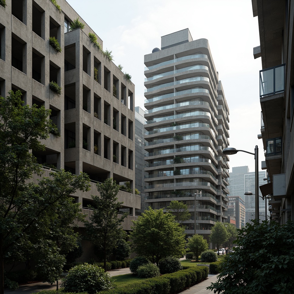 Prompt: Rugged office buildings, raw concrete textures, fortress-like structures, industrial pipes, metallic accents, urban jungle atmosphere, dense foliage, towering trees, aggressive shrubbery, brutalist sculptures, abstract art installations, harsh lighting, deep shadows, dramatic contrasts, 1/2 composition, low-angle shots, gritty realistic rendering.