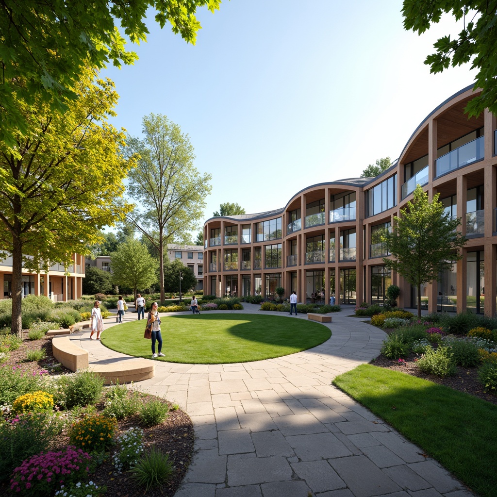 Prompt: Vibrant campus quad, lush green lawns, blooming flowers, walking paths, benches, educational signs, natural stone paving, modern fusion architecture, curved lines, blend of traditional and futuristic elements, large windows, transparent roofs, abundant natural light, soft warm ambiance, shallow depth of field, 3/4 composition, panoramic view, realistic textures, ambient occlusion, students socializing, outdoor lectures, relaxed atmosphere, eclectic mix of materials, wooden accents, metal frames, glass railings.