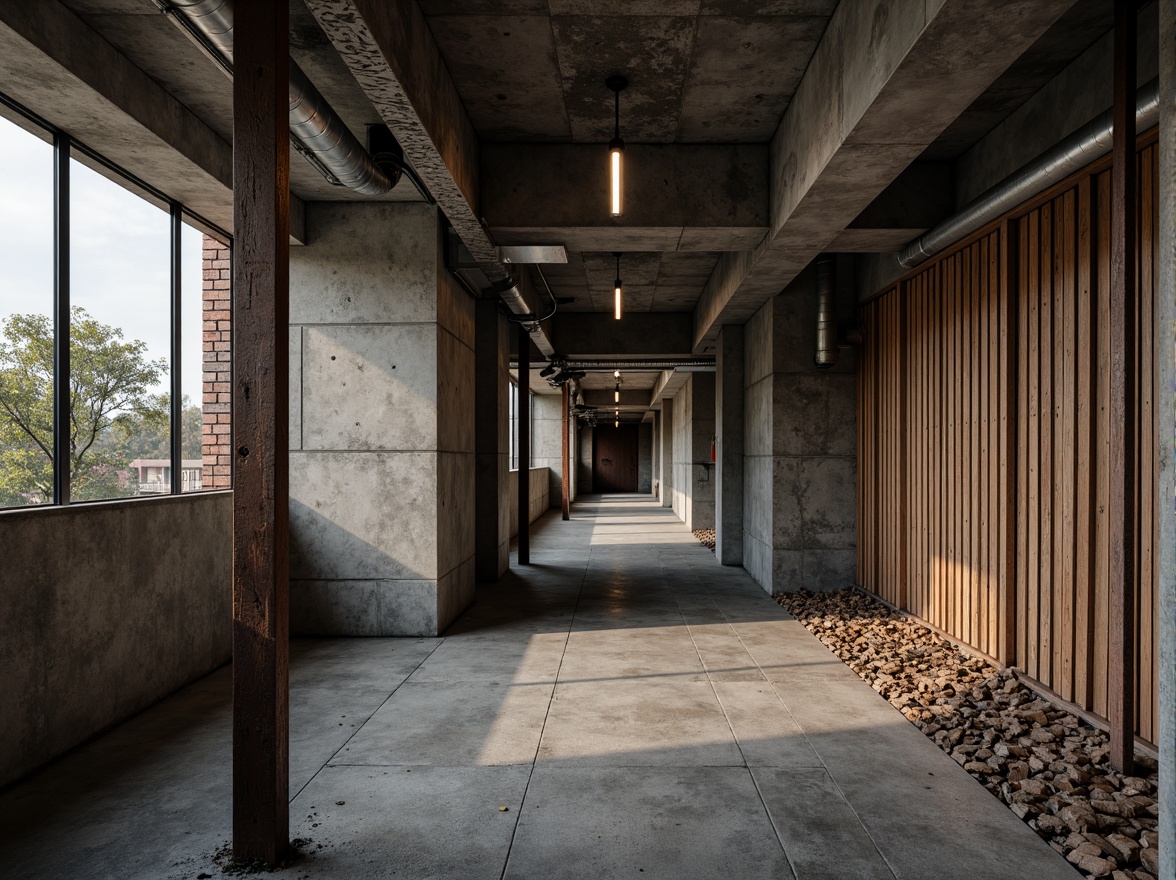 Prompt: Rugged brutalist architecture, raw concrete walls, exposed ductwork, metallic beams, industrial pipes, distressed wood accents, rough-hewn stone surfaces, tactile brick textures, corrugated metal cladding, poured-in-place concrete floors, weathered steel details, dramatic lighting contrasts, moody atmospheric tones, cinematic camera angles, low-angle shots, high-contrast renderings, realistic material simulations.