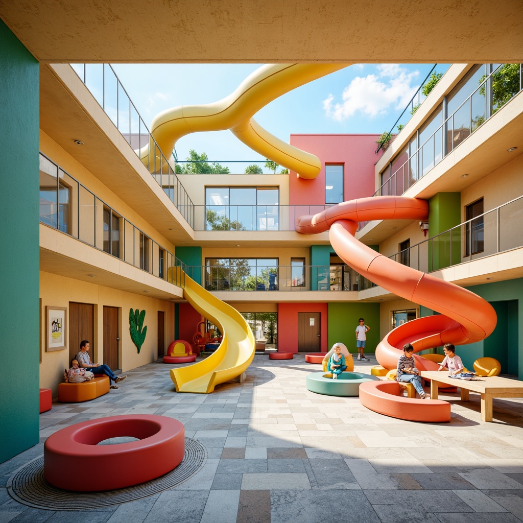 Prompt: Vibrant kindergarten playground, curvaceous slides, twisted tunnels, bold color blocks, abstract shape structures, playful patterned floors, whimsical wall art, rounded building corners, oversized toy-like furniture, transparent roofing, natural light filtering, soft pastel colors, textured surfaces, irregular shape windows, dynamic composition, shallow depth of field, 1/1 perspective, warm atmospheric lighting.