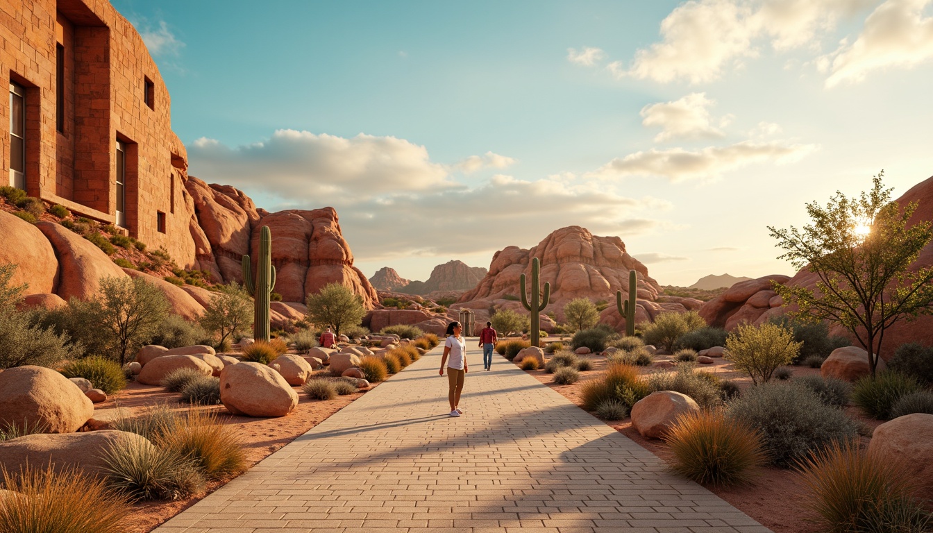 Prompt: Warm beige sand dunes, turquoise blue skies, soft peach sunsets, terracotta red rock formations, muted sage green cacti, creamy ivory oases, rich umber shadows, vibrant coral flowers, weathered wood textures, sandy stone pathways, rustic metal accents, warm golden lighting, shallow depth of field, panoramic view, realistic earthy tones, ambient occlusion.