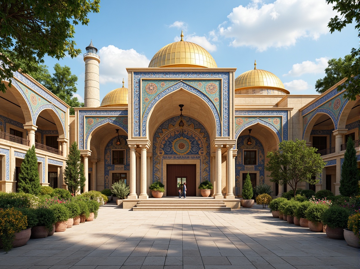 Prompt: Byzantine-inspired kindergarten facade, ornate stone carvings, vibrant mosaic tiles, golden domes, grand archways, colorful frescoes, intricate column details, playful courtyard, lush greenery, sunny day, soft warm lighting, shallow depth of field, 3/4 composition, panoramic view, realistic textures, ambient occlusion.Let me know if this meets your requirements!